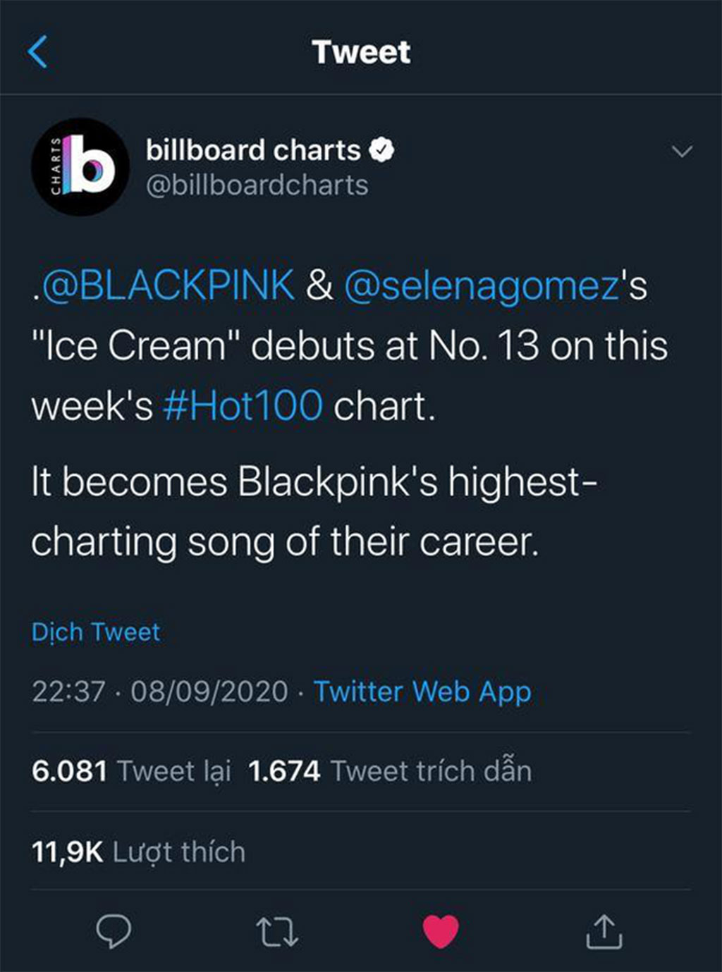 Ca Khúc 'Ice Cream' Của Blackpink Xếp Thứ 13 Billboard Hot 100