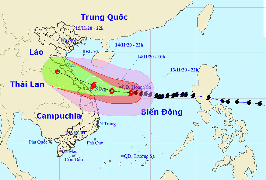 Đường đi của bão số 13 cập nhật lúc 23 giờ ngày 13.11 nguồn: Trung tâm dự báo khí tượng thủy văn quốc gia 