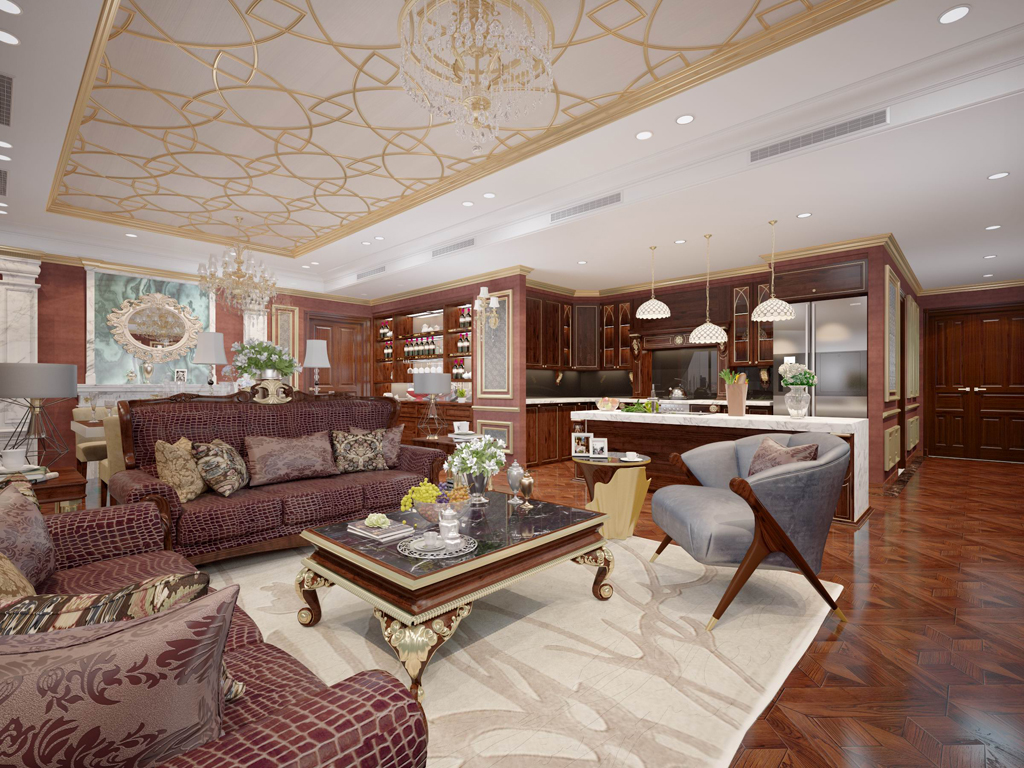 Phòng khách sang trọng và tinh tế mang hơi thở hoàng gia từ những thiết kế sofa chạm khắc hoa văn