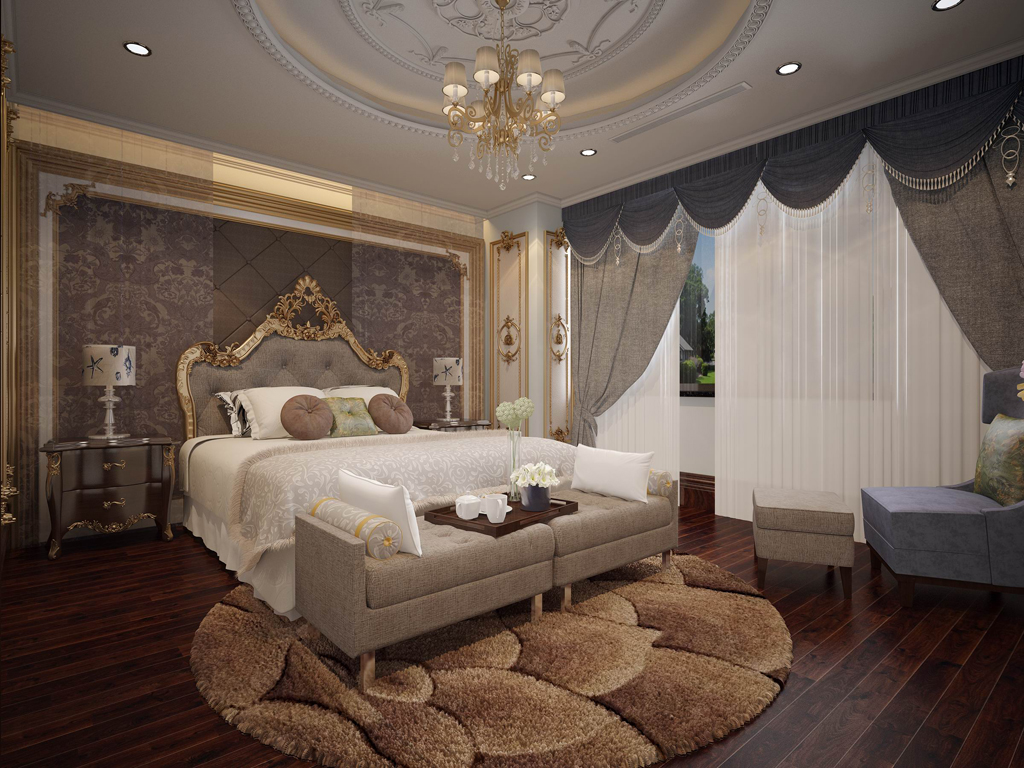 Phòng ngủ nổi bật với giường lớn cũng được chạm khắc công phu, trong khi các vật dụng khác tạo nên cảm giác thoải mái