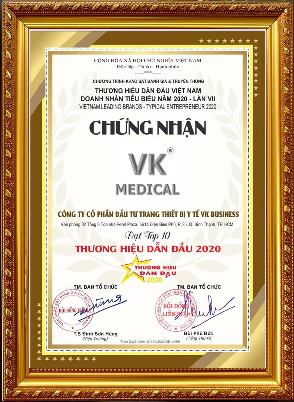 Chứng nhận Công ty cổ phần Đầu tư Trang Thiết Bị Y Tế Vk Business đạt “Top 10 Thương hiệu dẫn đầu Việt Nam 2020”