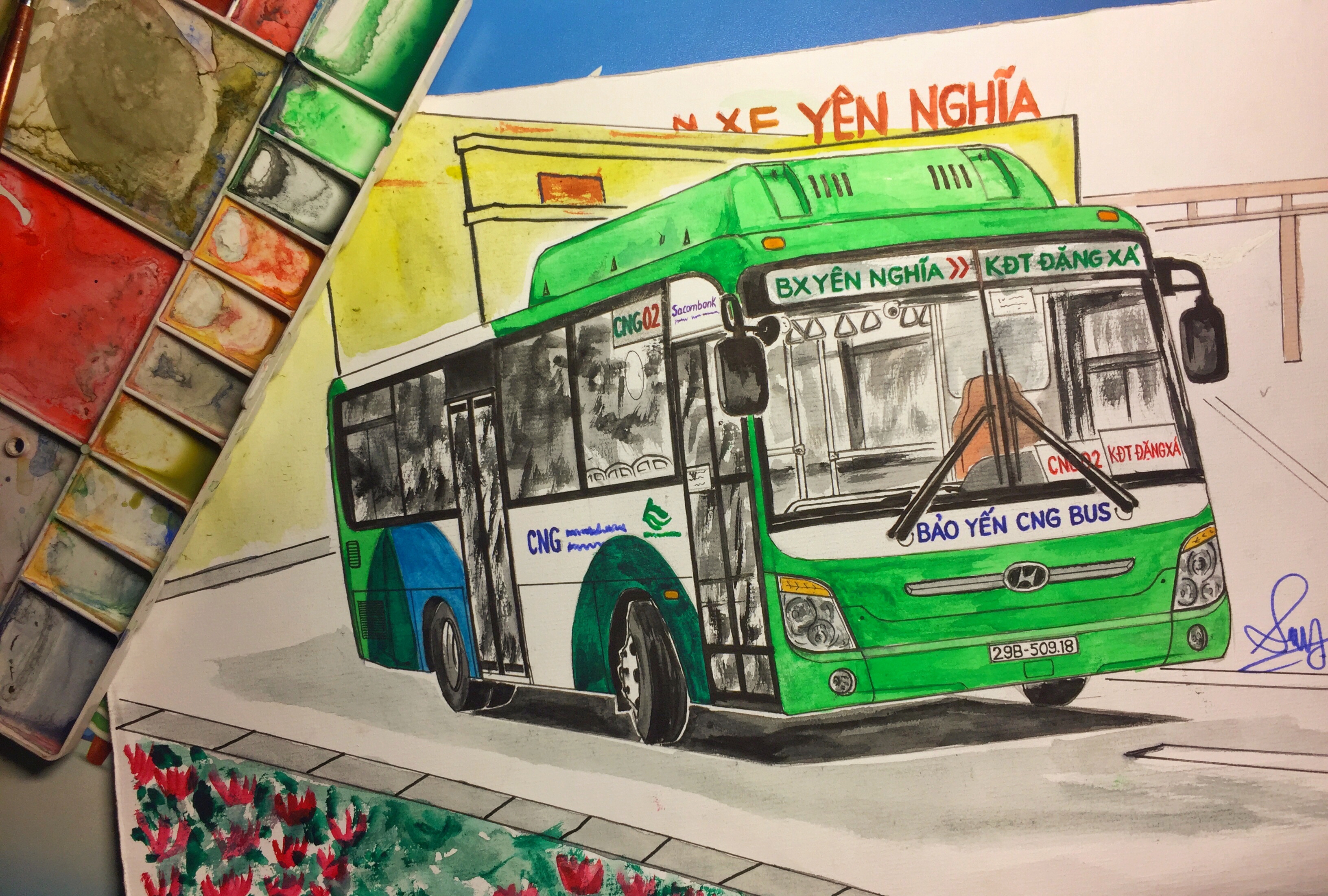 Hãy chiêm ngưỡng bức tranh vẽ xe buýt Hà Nội đầy màu sắc, tinh tế và sống động. Bức tranh sẽ đem đến cho bạn cảm giác như đang lướt qua những con đường của Thủ đô và trải nghiệm chuyến đi trên xe buýt đầy ấn tượng.