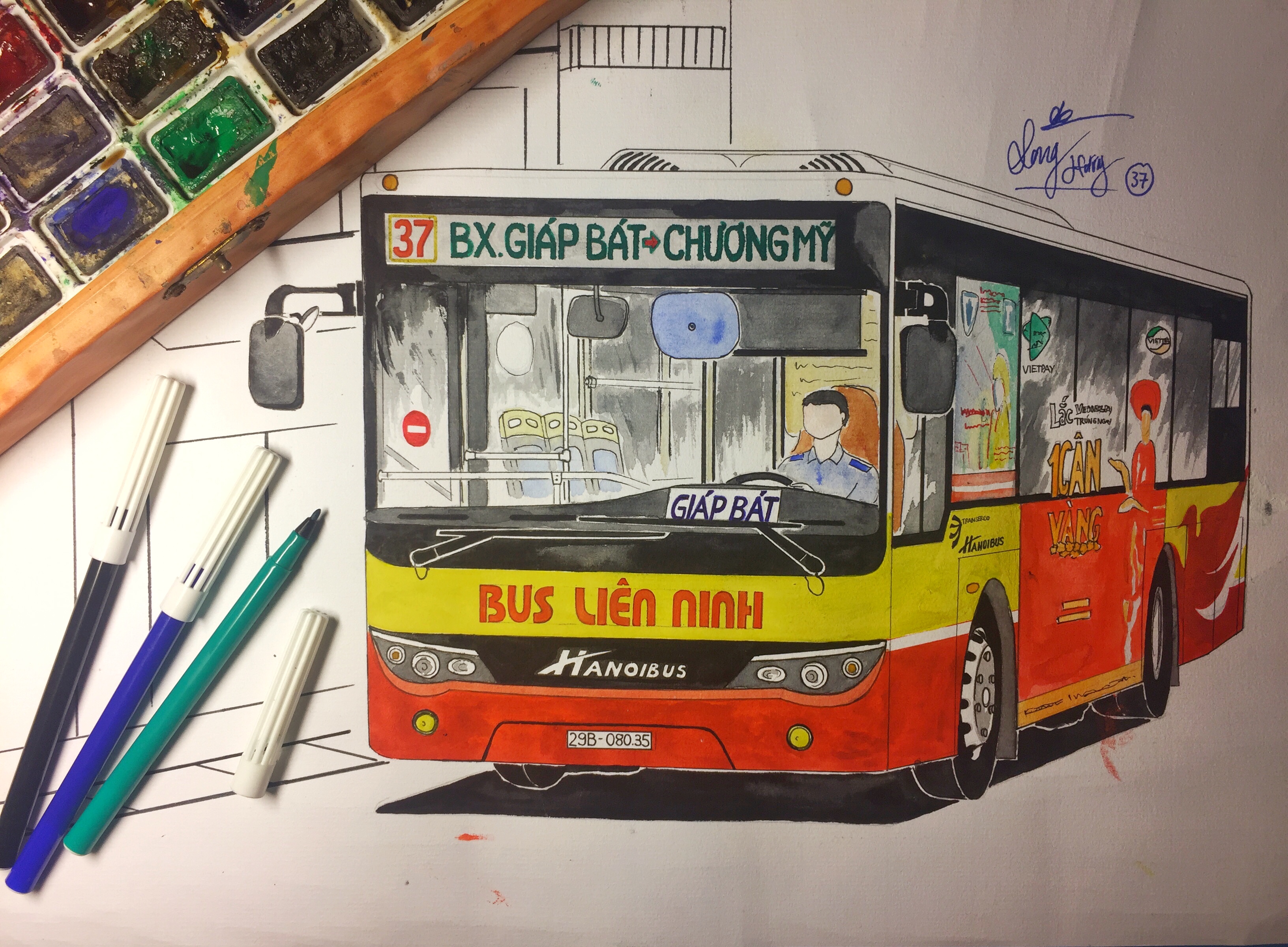 Tranh vẽ xe buýt Hà Nội: Hãy chiêm ngưỡng bức tranh vẽ xe buýt Hà Nội đầy màu sắc và sinh động, với những chi tiết đặc trưng của phương tiện giao thông truyền thống này.