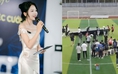 MC xinh đẹp bất ngờ bị banner đổ trúng, nằm bất động: Cô ấy sao rồi?