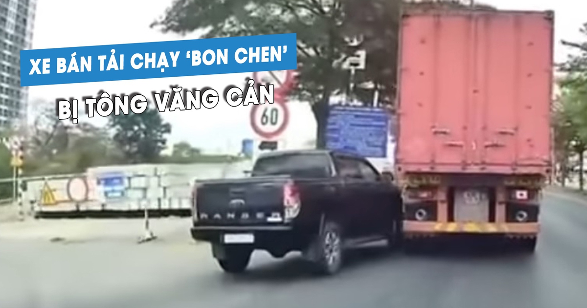 Xe bán tải bon chen, ‘cướp làn’ bị xe container tông văng cản