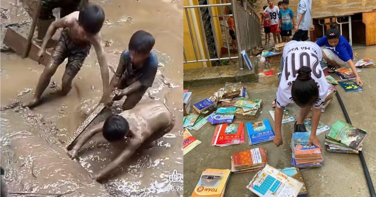 X&uacute;c động cảnh học tr&ograve; dọn b&ugrave;n non, nhặt s&aacute;ch vở sau lũ