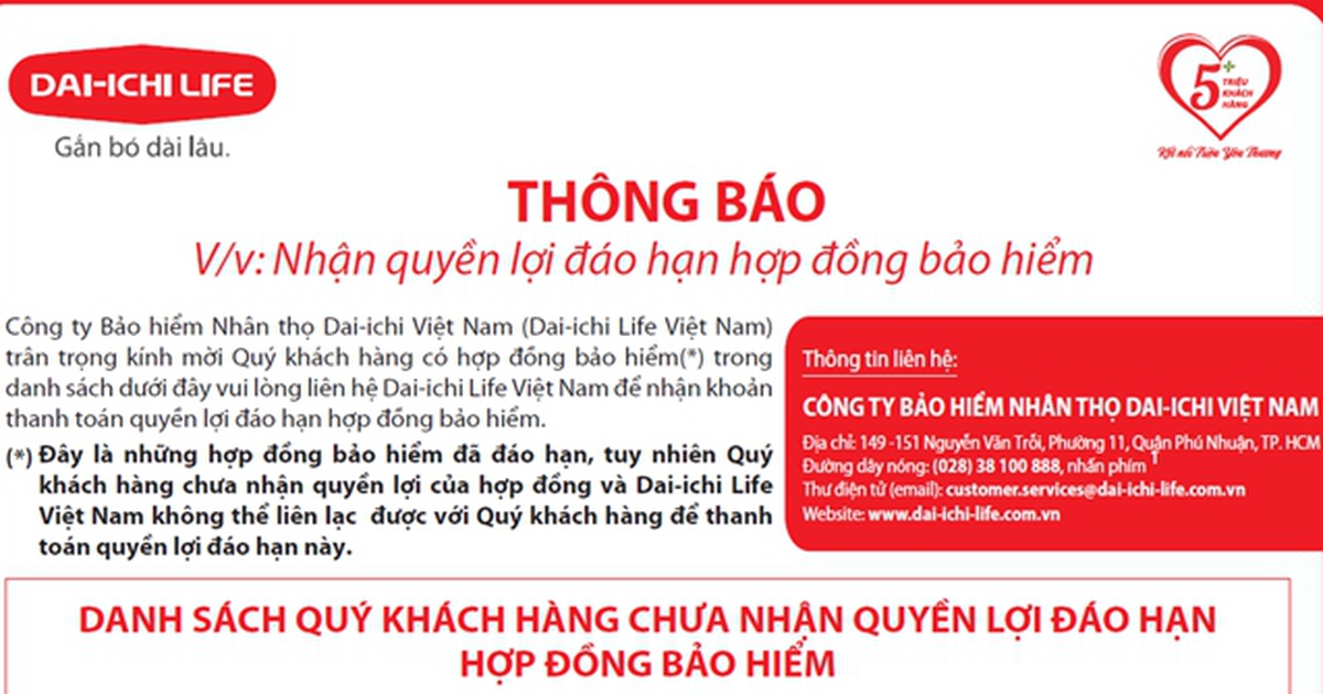 Dai-ichi Life Việt Nam thông báo nhận quyền lợi đáo hạn hợp đồng bảo hiểm