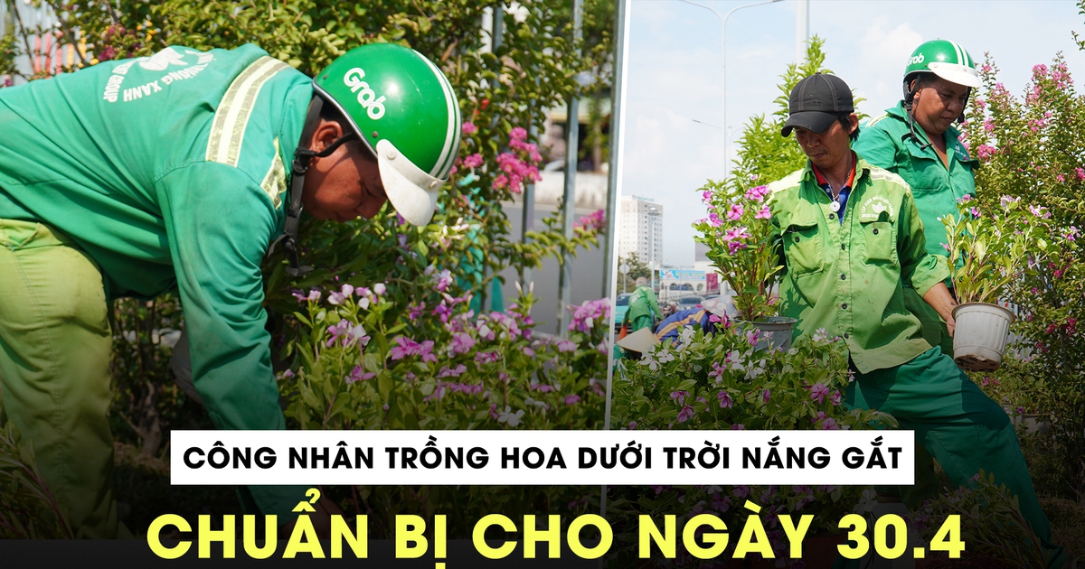 Công nhân miệt mài trồng hoa dưới trời nắng gắt chuẩn bị cho ngày 30.4