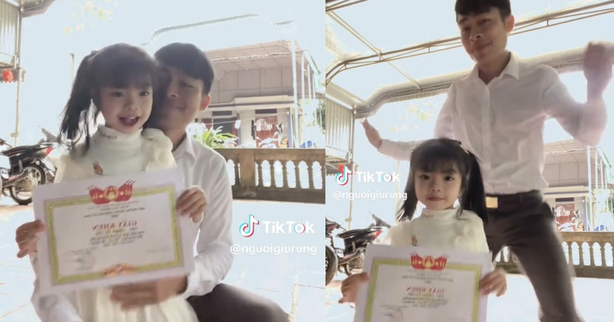 Người cha 'cháy hết mình' mừng con gái lần đầu nhận giấy khen