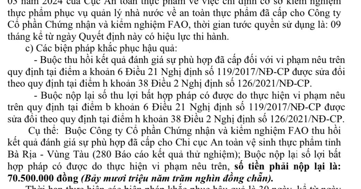 Công ty kiểm nghiệm thực phẩm FAO thu hồi 280 kết quả thử nghiệm đã cấp