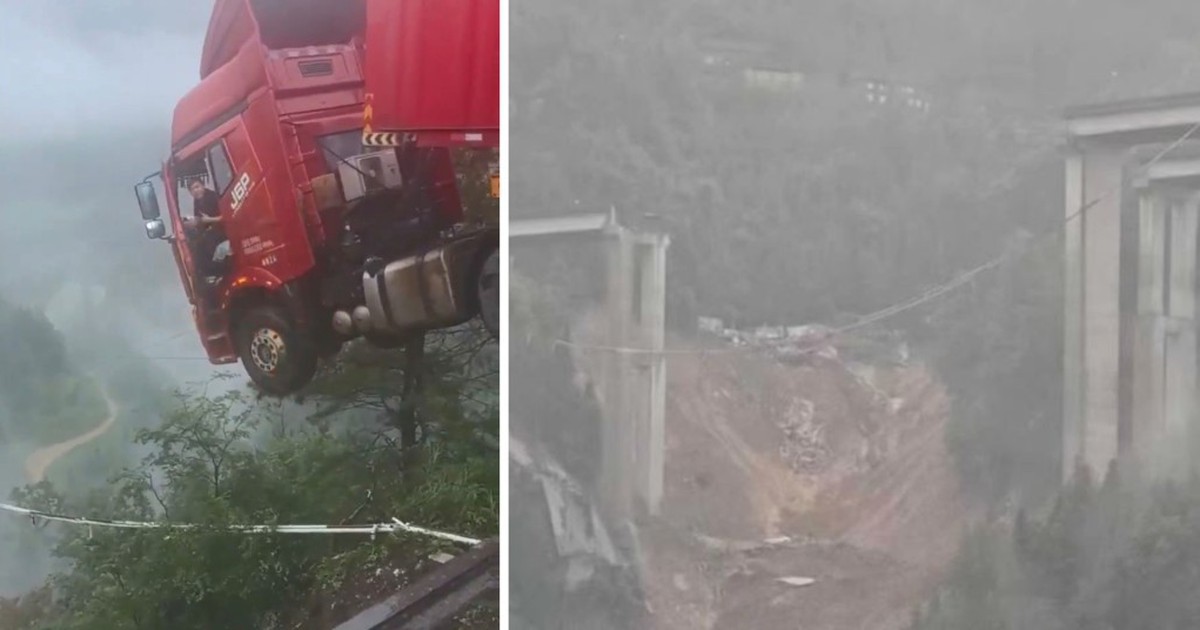 Sập cầu tại Trung Quốc, xe container nằm vắt vẻo ngay mép cầu