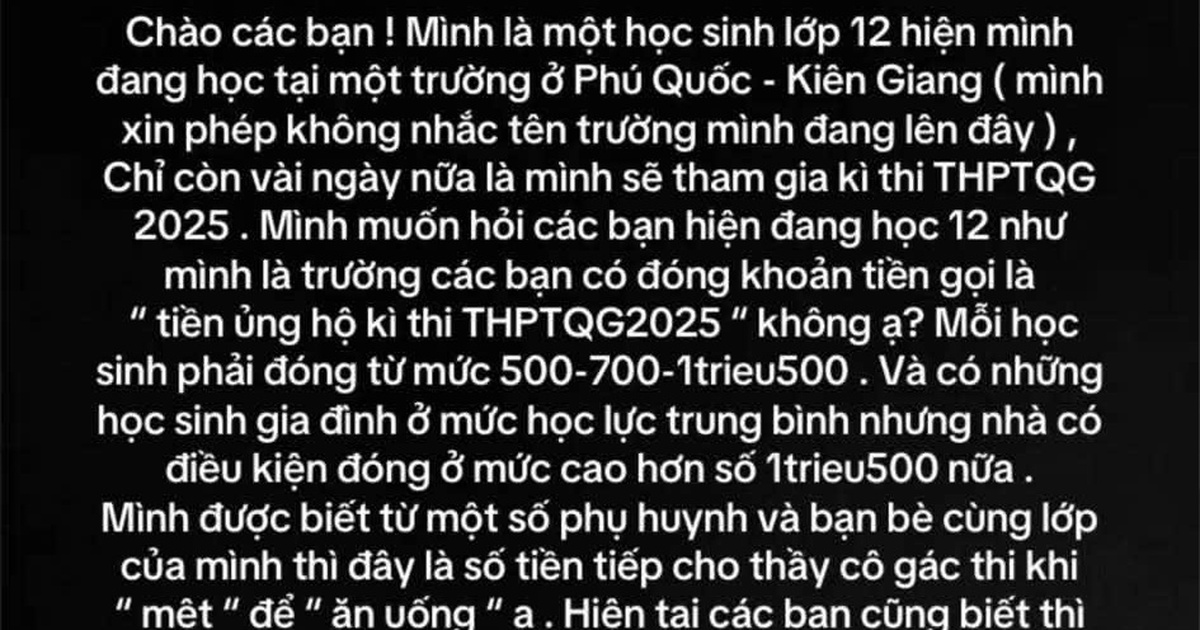Phú Quốc xôn xao việc 'thu tiền ủng hộ kỳ thi tốt nghiệp THPT 2025'