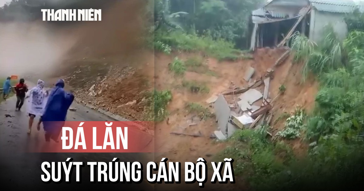 Thót tim khoảnh khắc cán bộ xã suýt bị đá rơi trúng khi kiểm tra sạt lở