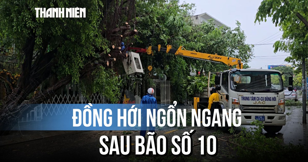 Cây đổ, mái tôn bay, đường phố Đồng Hới ngổn ngang sau bão