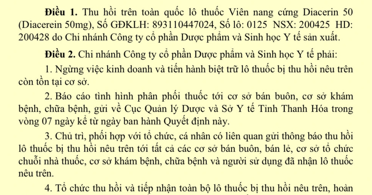 Thu hồi toàn quốc lô thuốc viên nang cứng Diacerin 50 do vi phạm chất lượng