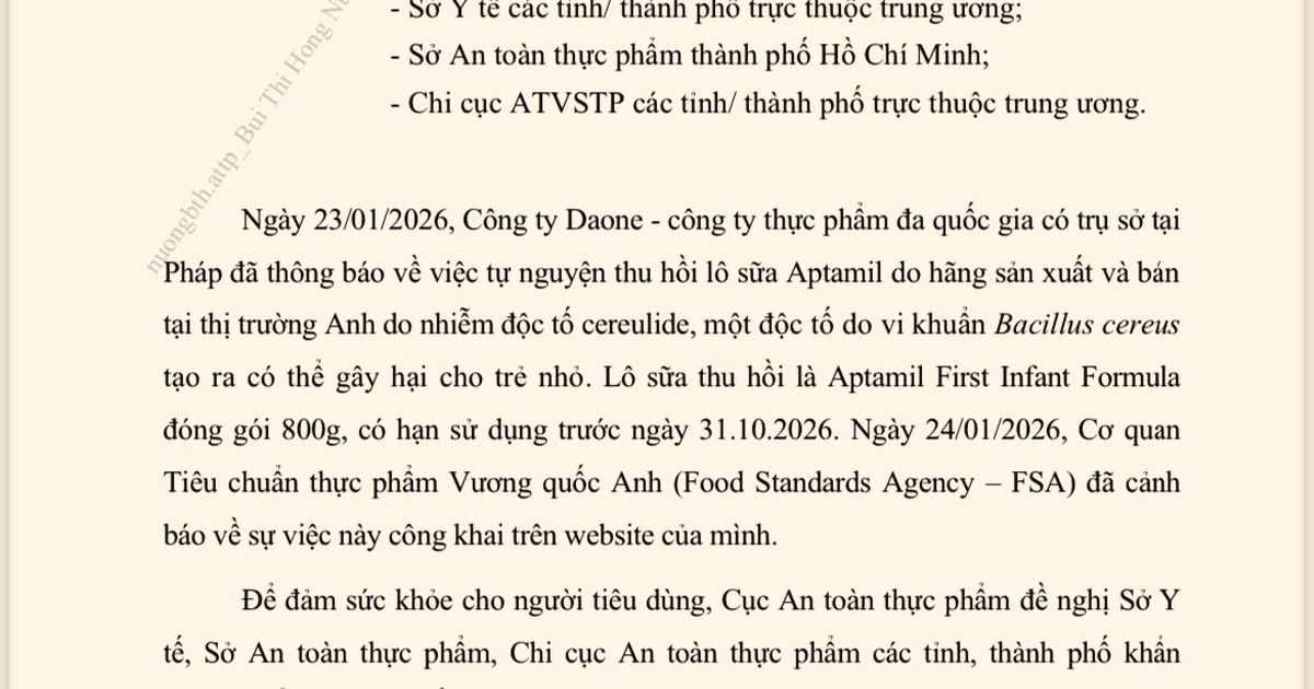 Rà soát lô sữa Aptamil cho trẻ nhỏ có cảnh báo nhiễm độc tố vi khuẩn
