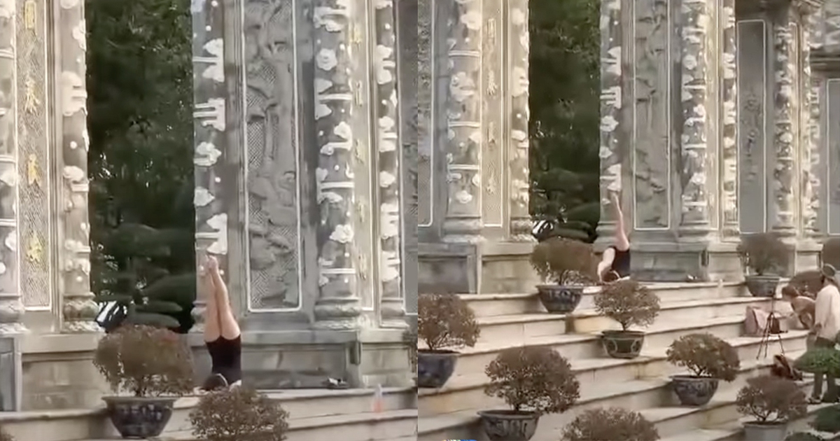 Người phụ nữ 'mặc ngắn cũn cỡn' tạo dáng yoga trước chùa Linh Ứng gây bức xúc