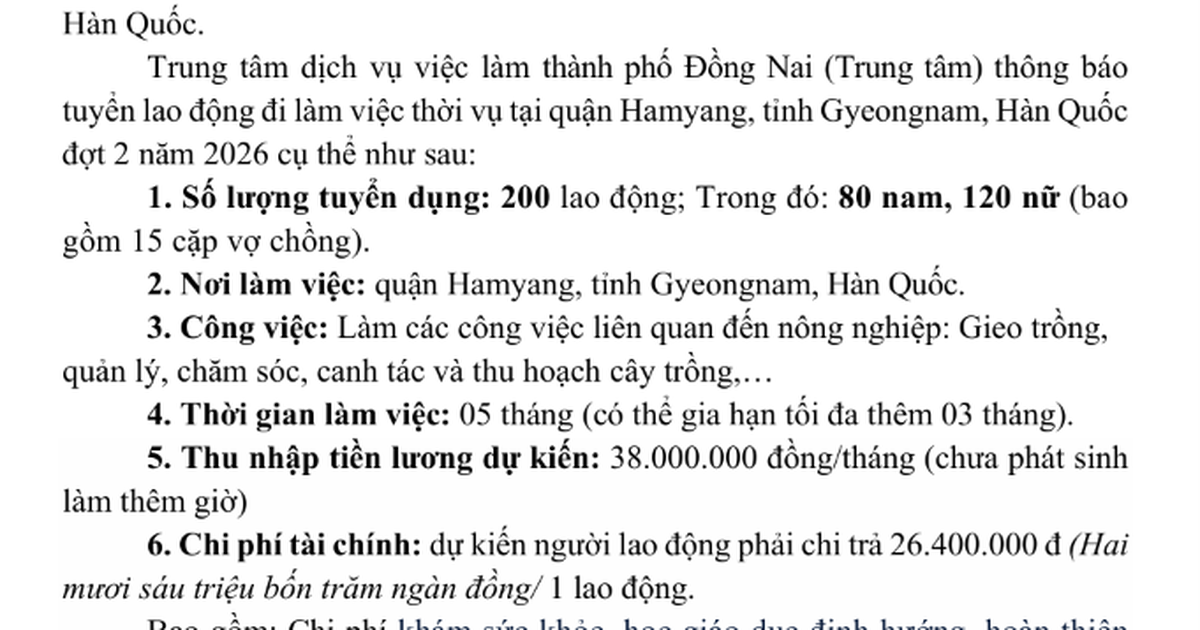 Tuyển 200 lao động phổ thông đi Hàn Quốc làm nông nghiệp, lương 38 triệu đồng/tháng