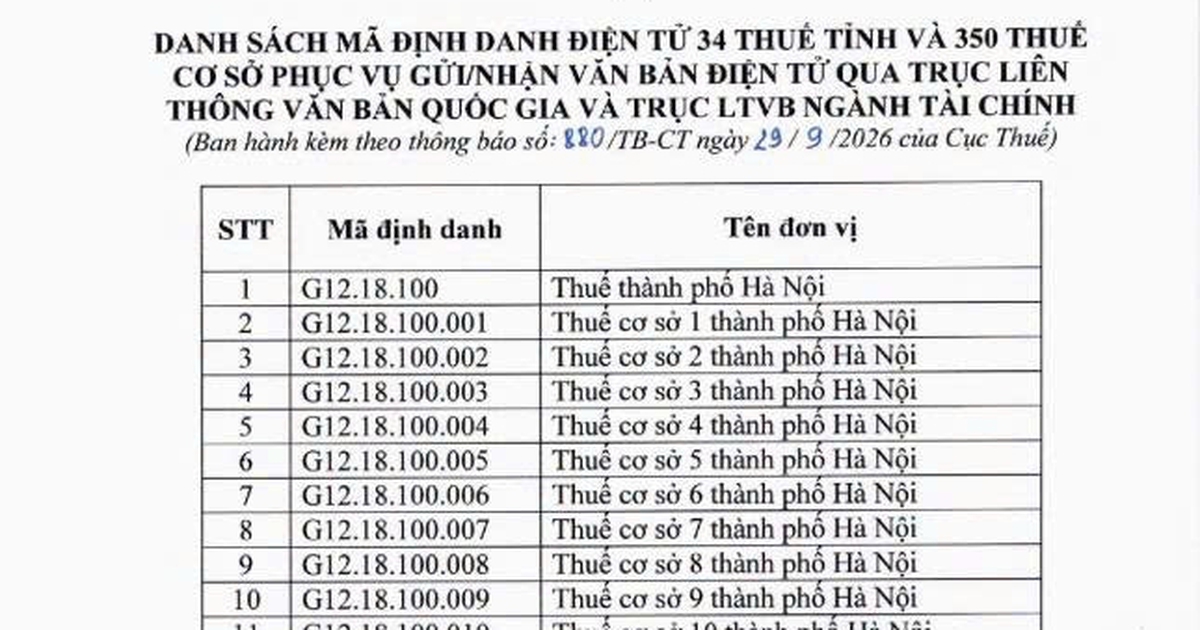Mã định danh điện tử mới của 34 thuế tỉnh, thành phố và 350 thuế cơ sở