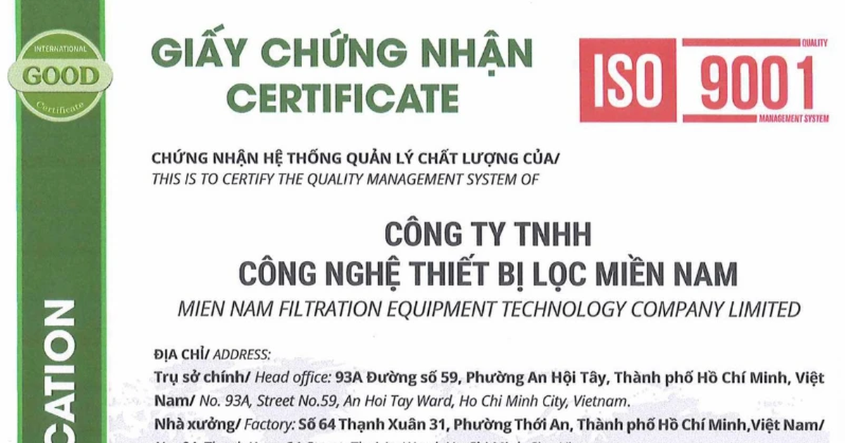 Công ty Công nghệ Thiết bị lọc Miền Nam chính thức đạt chứng nhận ISO 9001:2015