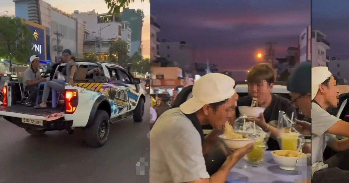 Clip nhóm người bày bàn ăn trên thùng xe bán tải gây bức xúc, CSGT vào cuộc