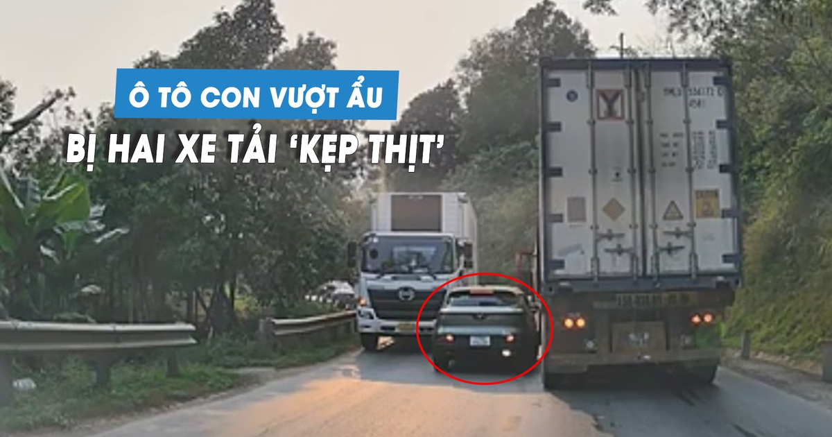 Ô tô con bị 'kẹp thịt' vì vượt ẩu trên đèo