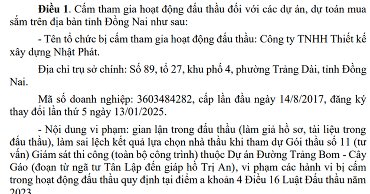 Đồng Nai: Cấm đấu thầu 4 năm với Công ty Nhật Phát do gian lận