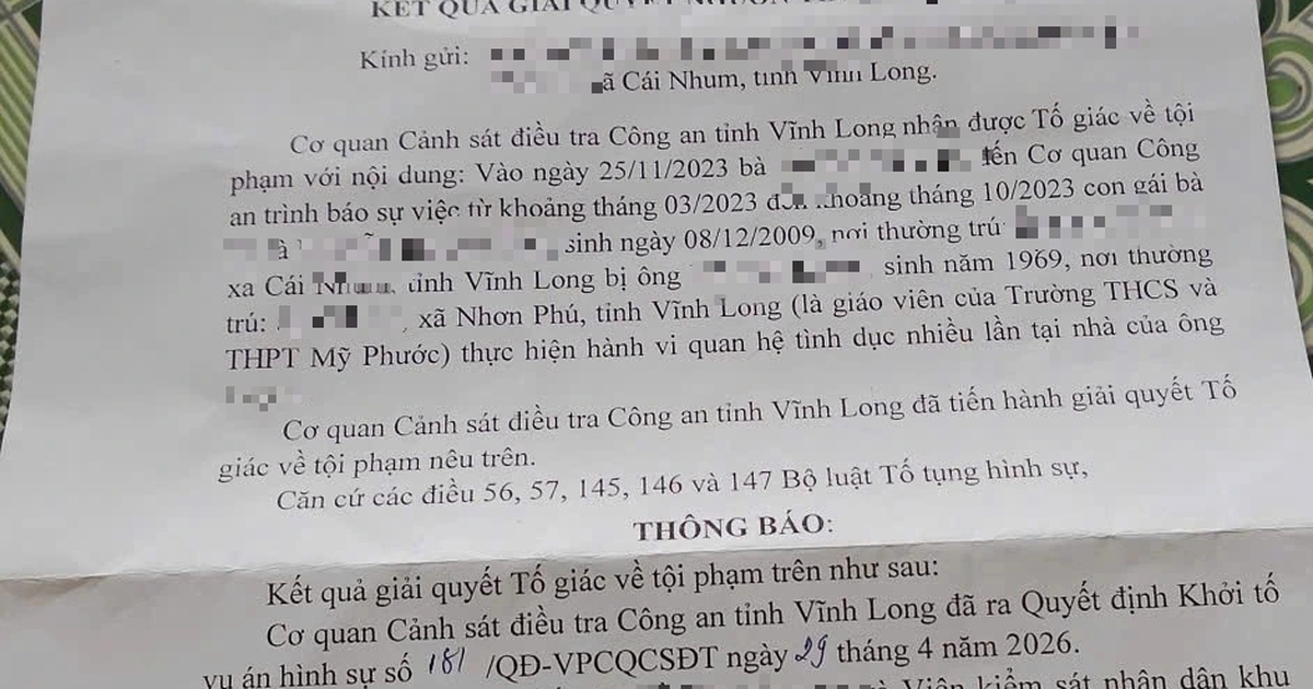 Khởi tố vụ án giao cấu có liên quan thầy giáo dạy toán ở Vĩnh Long
