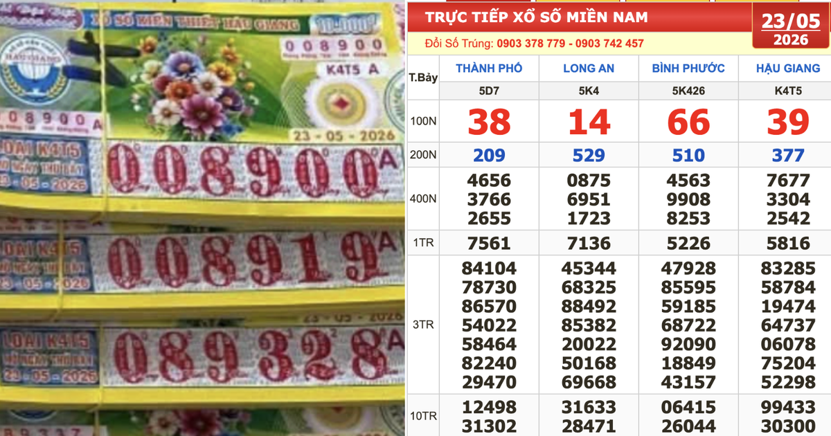 Xổ số miền Nam ngày 23 tháng 5: 4 cọc vé trúng 3,2 tỉ đài Hậu Giang xuất hiện