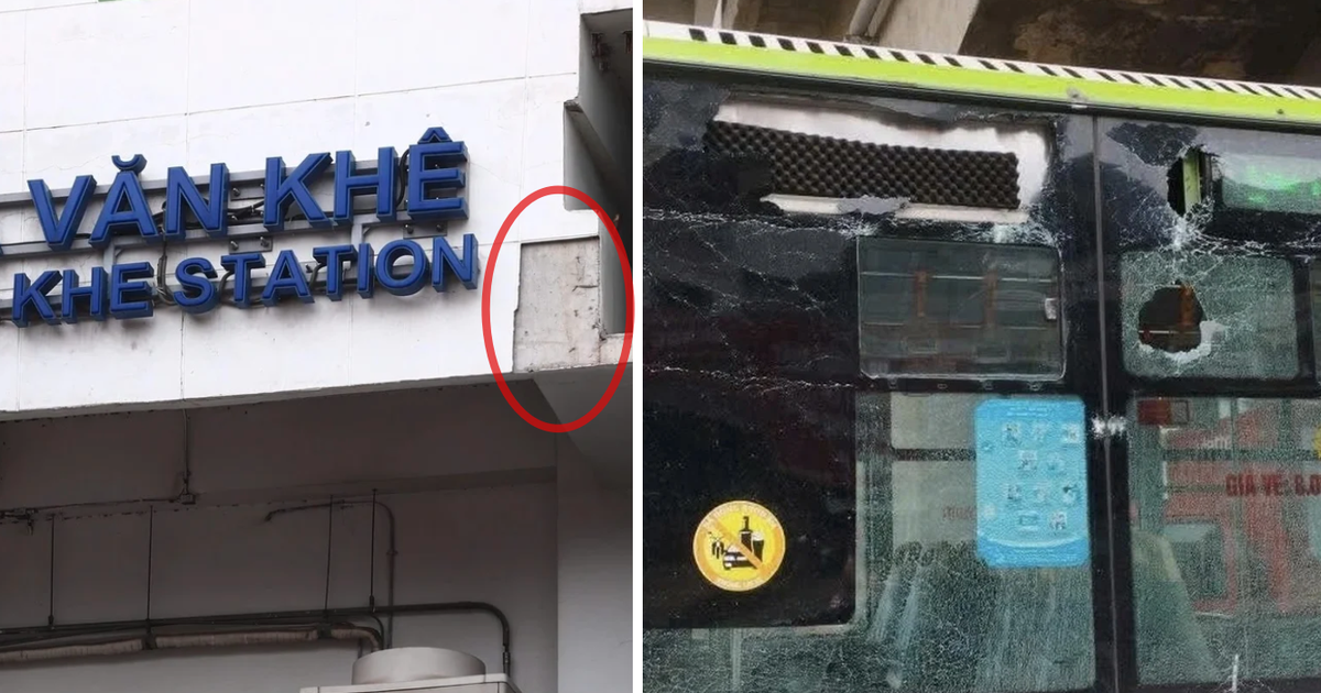 Vữa nhà ga metro Cát Linh - Hà Đông rơi vỡ kính xe buýt