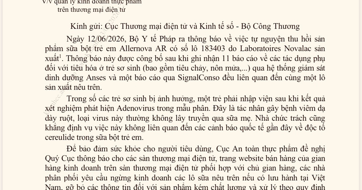 Rà soát việc kinh doanh lô sữa Allernova AR có thông báo thu hồi