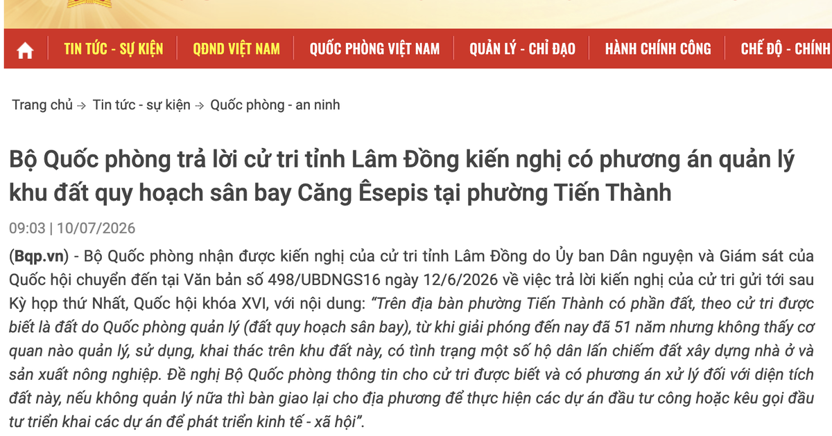 Cử tri phản ánh đất quy hoạch sân bay bỏ hoang 51 năm, Bộ Quốc phòng nói gì?