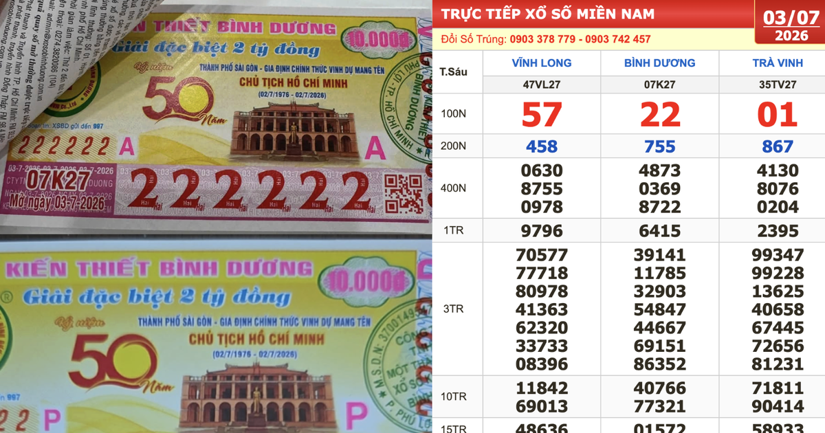 Xổ số miền Nam ngày 3 tháng 7: Người sở hữu dãy số đẹp 222222 trúng đài Bình Dương