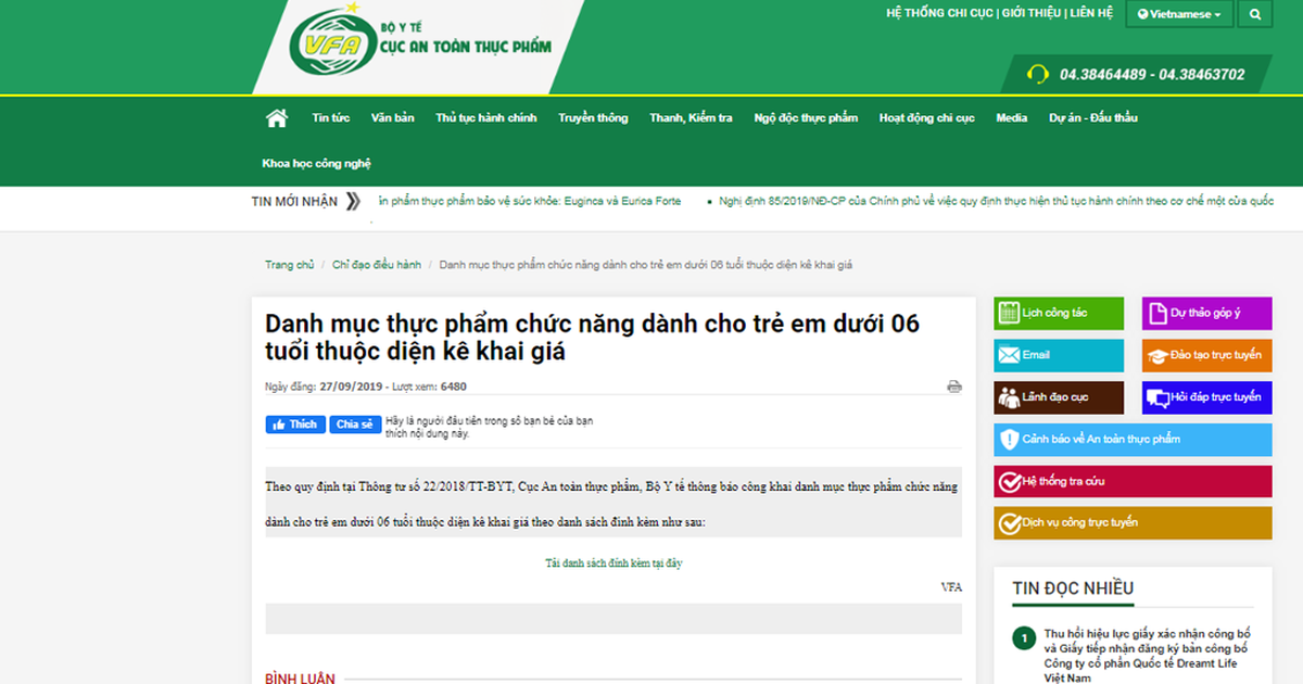 Công bố danh mục thực phẩm chức năng thuộc diện kê khai giá