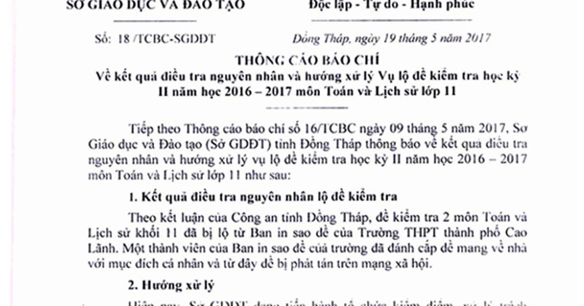 Cho thôi việc thầy giáo lấy cắp đề thi đưa cho phụ huynh để 'trả ơn'