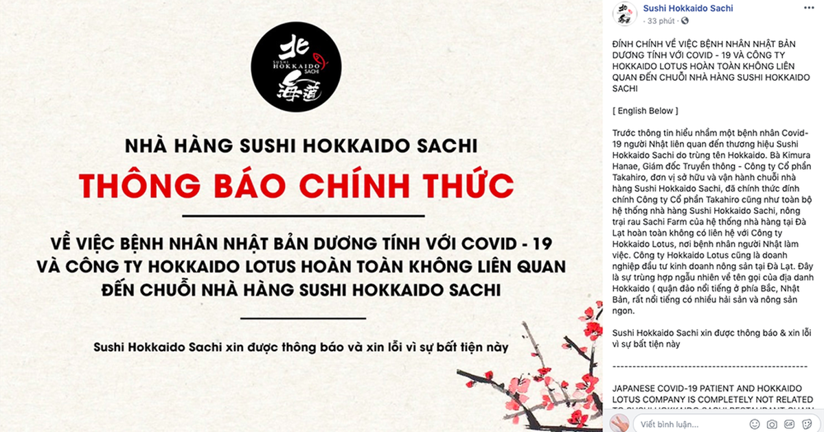 Sushi Hokkaido Sachi đính chính thông tin nhân viên người Nhật nhiễm Covid-19