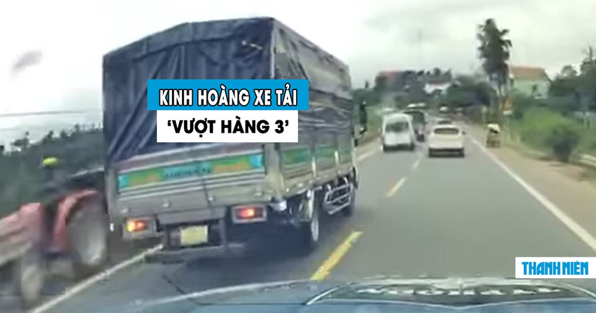 ‘Sợ tái mặt’ xe tải vượt ẩu hàng 3 trên Quốc lộ 20