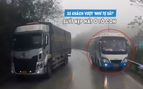 Ô tô con suýt bị 'bánh mì kẹp thịt' vì xe khách vượt ẩu trên đèo