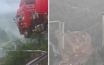 Sập cầu tại Trung Quốc, xe container nằm vắt vẻo ngay mép cầu