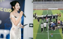 MC xinh đẹp bất ngờ bị banner đổ trúng, nằm bất động: Cô ấy sao rồi?