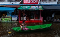 Bangkok mưa lũ ngập sâu, người Thái Lan vẫn chèo xuồng họp chợ
