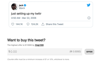 Dòng tweet đầu tiên của Jack Dorsey có giá hơn 100.000 USD