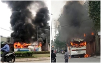 Xe chở công nhân phát nổ rồi cháy rụi trên đường