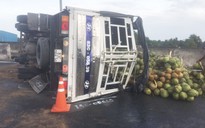 Xe tải chở dừa nổ vỏ, lật nhào trên đường cao tốc TP.HCM - Trung Lương