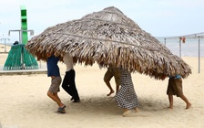 Dân ven biển Quảng Trị chèn mái nhà bằng túi nước, đưa chòi lên bờ tránh bão số 5