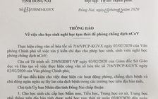 Đồng Nai thông báo cho học sinh nghỉ một tuần phòng virus corona