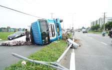 Vĩnh Long: Sau va chạm xe máy, xe tải leo dải phân cách ‘hạ gục’ trụ đèn