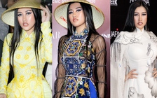 Hoa hậu Emily Hồng Nhung thay ba bộ áo dài khi xem show thời trang