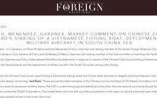 Ủy ban Đối ngoại Thượng viện Mỹ lên án vụ tàu Trung Quốc đâm tàu cá Việt Nam