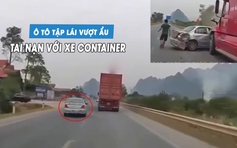 Ô tô tập lái vượt ẩu bị xe container tông bẹp dúm